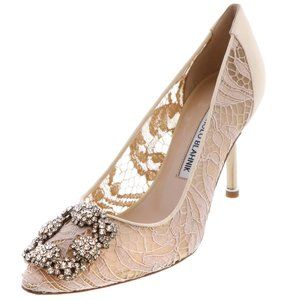 Manolo Blahnik Hangisi Crystal Lace Pumps 37, NIB